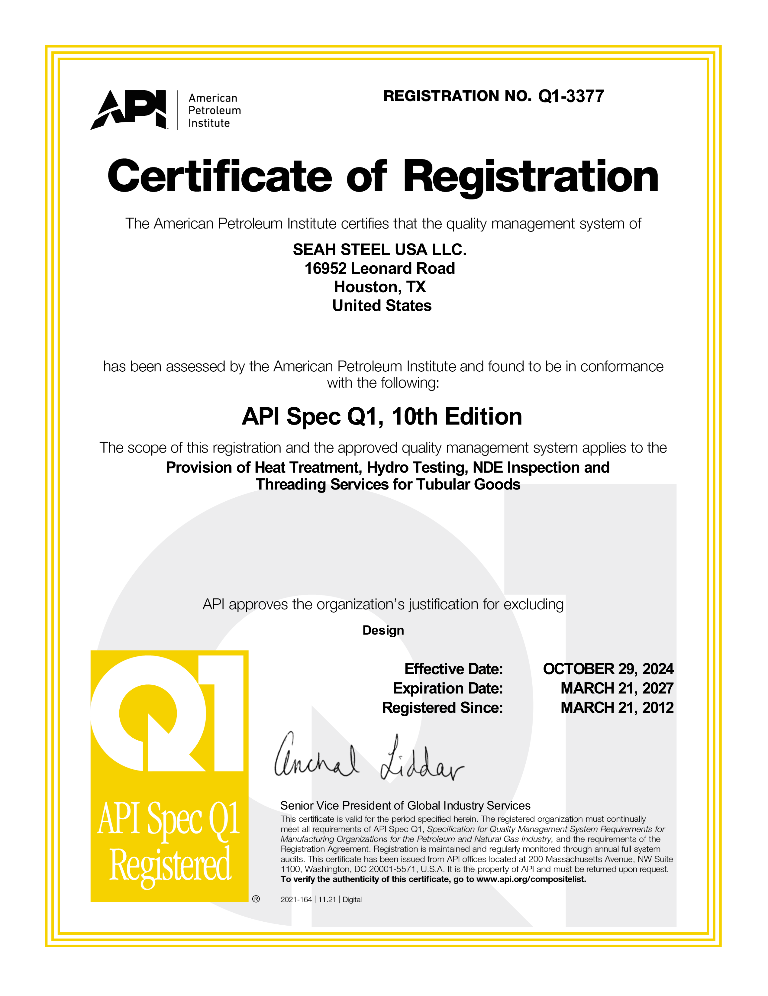 API Spec Q1 Certificate - Seah Steel USA